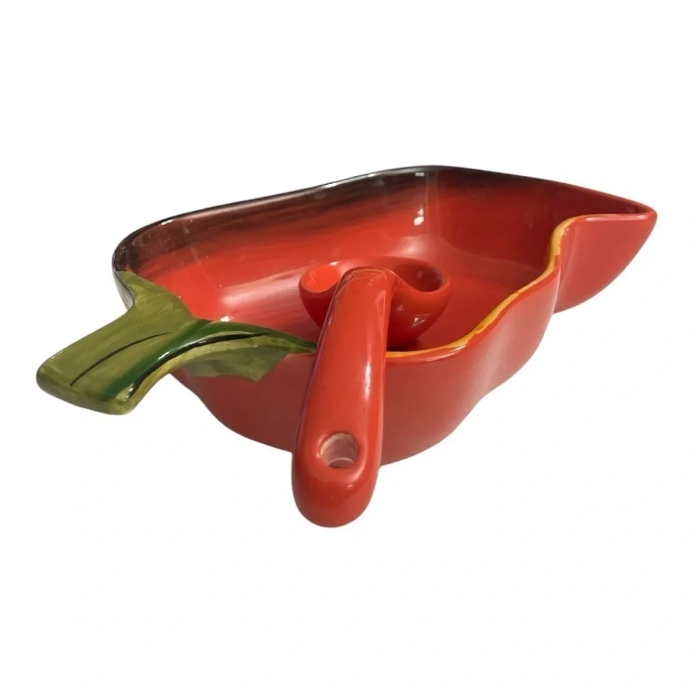 Vintage Clay Art Chili Pepper Salsa Dip Bowl with Serving Spoon Hand Painted